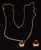 Two 9ct gold lockets and 9ct gold chain, 10.8g, 62cm long