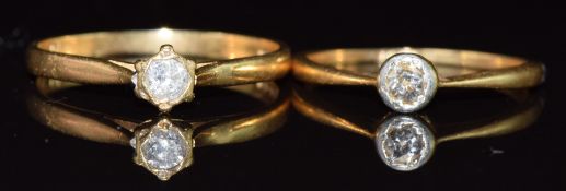 Two 18ct gold rings each set with a diamond, 3g, size N & I