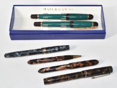 Fountain and other pens including a boxed Waterman fountain pen and ballpoint pen set, Onoto lever