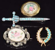 Edwardian brooch set with turquoise and pearls, two Victorian brooches and a silver brooch in the