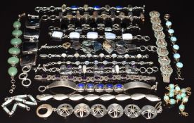 Eighteen silver bracelets including Danish Aarre & Krogh, abalone, aventurine quartz, lace agate,
