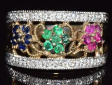 A 9ct gold ring set with rubies, sapphires, emeralds and diamonds, 3.5g, size N