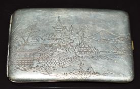 Japanese silver cigarette case engraved with traditional landscape with temple and mount Fuji,