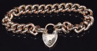 A 9ct rose gold curb link bracelet with heart padlock clasp Birmingham 1904, 24g, 23cm long
