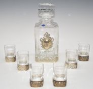 Cased set of silver mounted decanter and six glasses, all marked 925, width of case 39cm
