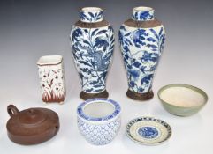 Pair of Chinese blue and white crackle glazed vases, Yixing teapot etc, height of tallest 29cm