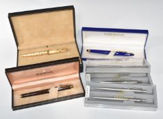 Fountain and ballpoint pens and propelling pencils comprising Waterman with blue body and 18k gold