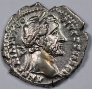 Roman Imperial, AR Denarius of Antoninus Pius, Laureate head ob. Vesta standing reverse, EF
