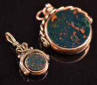 A 9ct gold swivel fob set with a bloodstone and carnelian agate, Birmingham 1896 and a Victorian