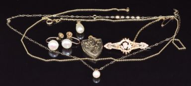 A 9ct gold pendant set with a pearl on 9ct gold chain, 9ct gold earrings set with pearls,