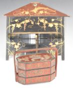 Chinese lacquered tiffin box and a wall bracket, largest 30x29cm