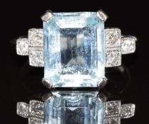 Art Deco 18ct white gold ring set with an emerald cut aquamarine of approximately 2.6ct and