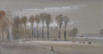 Watercolour landscape Richmond Meadows, titled lower left, 15.5 x 28 cm, in part gilt frame