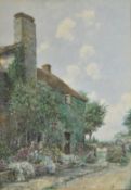 Miller Smith (1854-1937) watercolour cottage with flowers in bloom to the border in front, signed