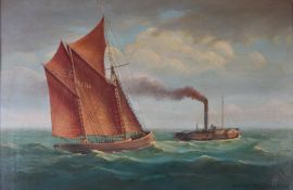 Gerry Wilby 20thC oil on board sailing ship being towed by a steam tug, signed, titled Whitstable