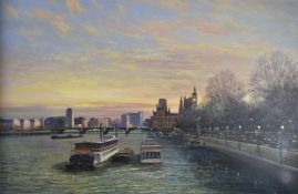 Clive Madgwick (1934-2005) oil on canvas London River Thames scene with Houses of Parliament, signed
