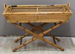Wicker and bamboo butler's tray on X shaped stand, L87 x D56 x H88cm