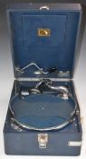 HMV wind up picnic gramophone, together with two folders of 78s including Winston Churchill