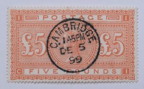 GB 1867 £5 orange SG157 wmk large anchor, with a neat Cambridge 5th December 1899 CDS. SG cat £3,500