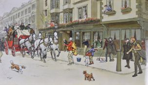 Cecil Aldin polychrome print of the Oxford Stagecoach outside the Mitre Hotel, 34 x 60cm