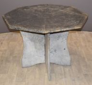 19thC likely Irish Valentia slate table, the octagonal top having engraved decoration, supported