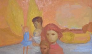 Acrylic on canvas abstract family portrait, indistinctly signed lower right possibly Peter Waite and