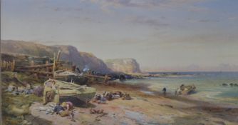 N Richardson Victorian watercolour beached boat with fishermen beside, signed and dated 1884 lower