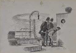 Edward Ardizzone RA (1900-1979) pen and ink of two policemen apprehending a man aboard a ship with