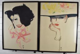 Rene Gruau pair of fashion prints of ladies, one wearing a hat, each 72 x 53cm, in black frames