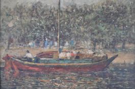 Likely Andrew Colley (1859-1910) oil on board impressionist landscape boat at a busy quayside, 24