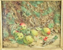 William Hughes (1842-1901) oil on canvas still life study of fruit in a woodland setting, signed and