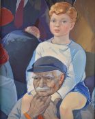 Attributed to Dan Stephen (Scottish 1921-2014) oil on canvas portrait boy atop his grandfather's