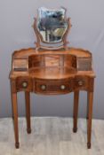 19th/20thC inlaid fruitwood Bonheur de Jour with serpentine front, arced arrangement of drawers