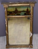19thC giltwood pier mirror with Chinese reverse painted glass panel, decorated with a fisherman,