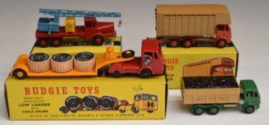 Four Budgie Toys diecast model vehicles Salvage Crane, Cattle Truck, Low Loader with Cable Drums and