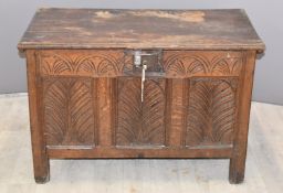 18thC carved elm chest, candle box within raised on four simple post legs, W89 x D56 x H65cm