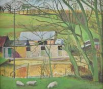 Frederick Austin RE (1902-1990) acrylic on board farmyard with sheep to foreground, signed in pencil