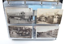 Postcard album containing approximately 170 cards of transport, train and tram interest including