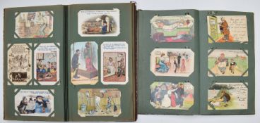 Approximately 281 humorous, whimsical postcards contained in two vintage albums to include