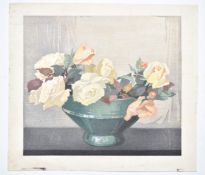 Attributed to Arthur Rigden Read (1879-1955) woodcut still life vase of flowers, 23.5 x 26.5cm,