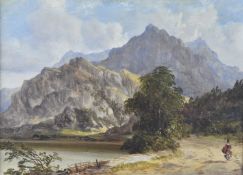 Oil on board landscape figure walking beside a lake with craggy hillside beyond, 23 x 33cm, in