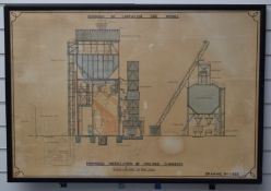Framed architect's drawing of a proposed installation at Lancaster Gas Works c1925, 67.5 x 98cm
