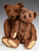 Two Steiff style Teddy bears each with growler, brown mohair, disc joints, straw or similar filling,