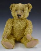 English Teddy bear with growler, blonde mohair, shaved snout, straw filling, disc joints, felt