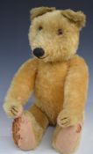 English Teddy bear with blonde mohair, straw filling, disc joints, felt pads and stitched