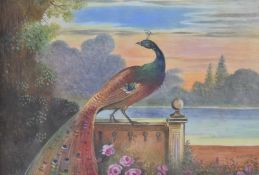 Harry Ayrton (Royal Worcester artist) watercolour of a peacock in a garden with lake beyond,