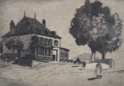 Attributed to Pierre Adolphe Valette (1876 - 1942) etching hilltop house with figures walking up