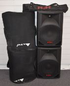 A pair of HH TRE-112A 'active' PA speakers, 500W Class D power amplifiers driving the woofers,