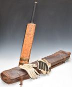 Vintage leather cricket bag, length 96cm and bat together with two framed humorous cricket posters