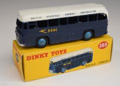 Dinky Toys diecast model BOAC Coach with Dark Blue body, white roof and pale blue hubs, 283, in